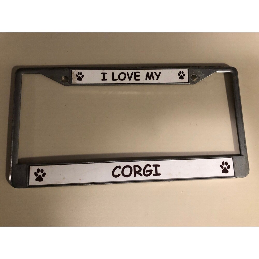 License Plate Frame Car/Auto Tag Holder “I Love My Corgi” Metal (Carbon)